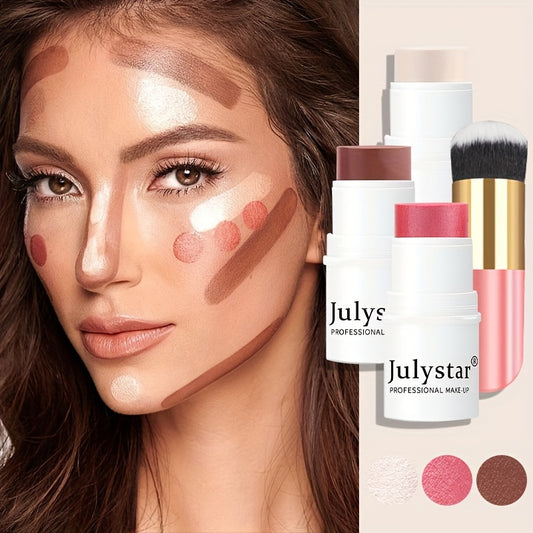 JulyStar 4-Piece Contour Stick Set with Highlighter, Blush & Bronzer Plus Golden Powder Brush - Waterproof Cream for All Tones, Shimmery Medium Coverage Under 1 Fl Oz